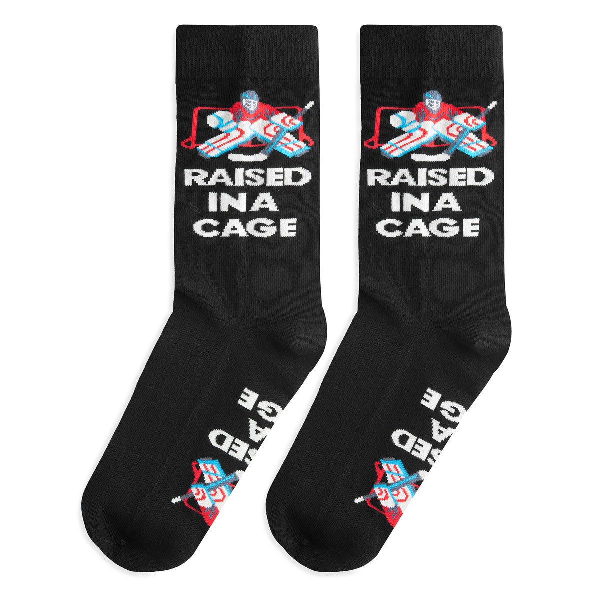 Raised in a Cage Funny Socks for Hockey Fans and Goalies One Size Fits Men