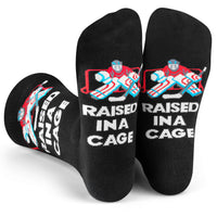 Raised in a Cage Funny Socks for Hockey Fans and Goalies One Size Fits Men