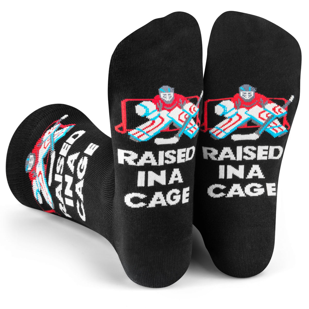 Raised in a Cage Funny Socks for Hockey Fans and Goalies One Size Fits Men