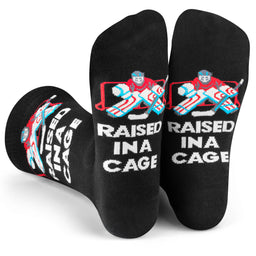 Raised in a Cage Funny Socks for Hockey Fans and Goalies One Size Fits Men