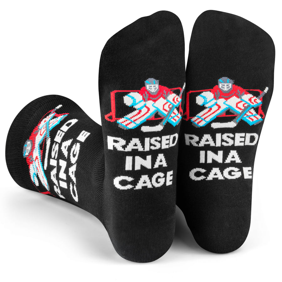 Raised in a Cage Funny Socks for Hockey Fans and Goalies One Size Fits Men