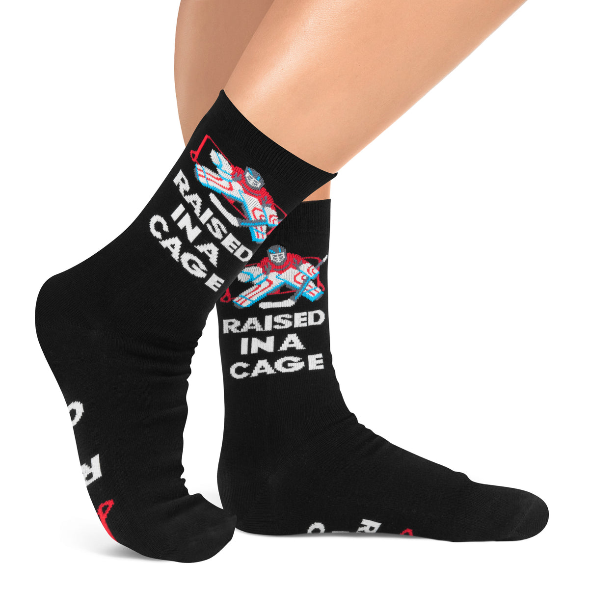 Raised in a Cage Funny Socks for Hockey Fans and Goalies One Size Fits Men