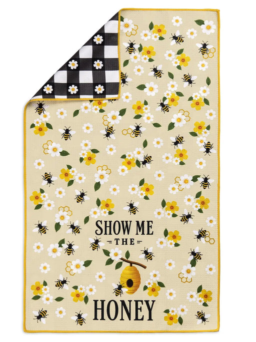 Show Me the Honey double-sided towel with bees, flowers and a black-and-white checked reverse.