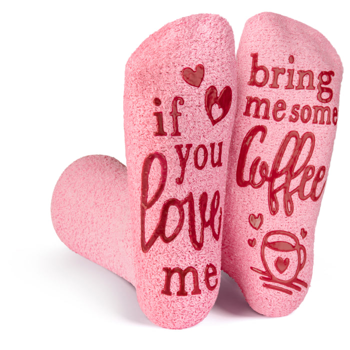Lavley | Pink Fuzzy 'Bring Me Coffee' Socks | Women's Novelty Socks